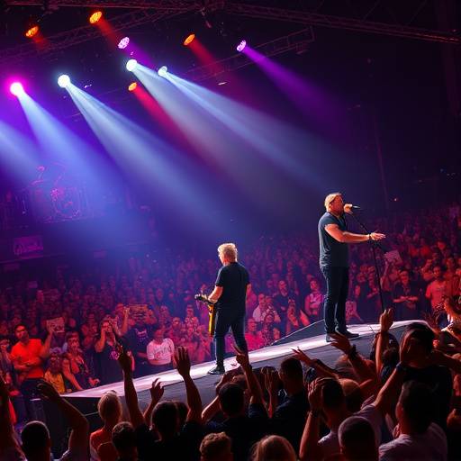 Image of a live music event showing a rock band performing on stage in front of a large crowd.