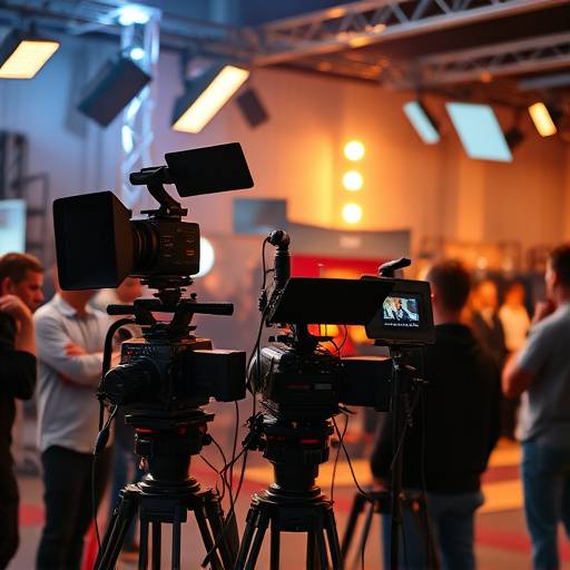 Image of a live streaming setup with multiple cameras and a production crew.