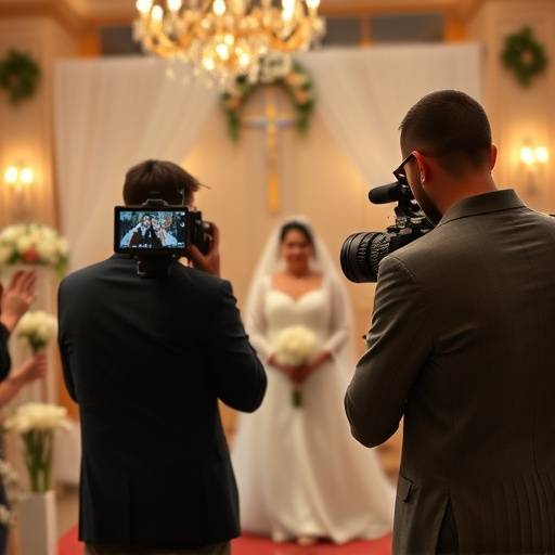 Image of a wedding ceremony being filmed with professional video equipment.