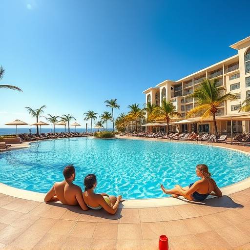 Promotional video scene for a luxury resort showing guests relaxing by the pool.
