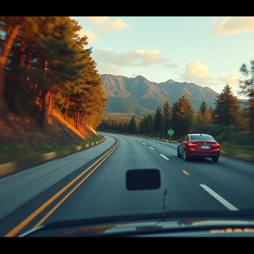 Still from a car commercial, showcasing the vehicle driving along a scenic road.